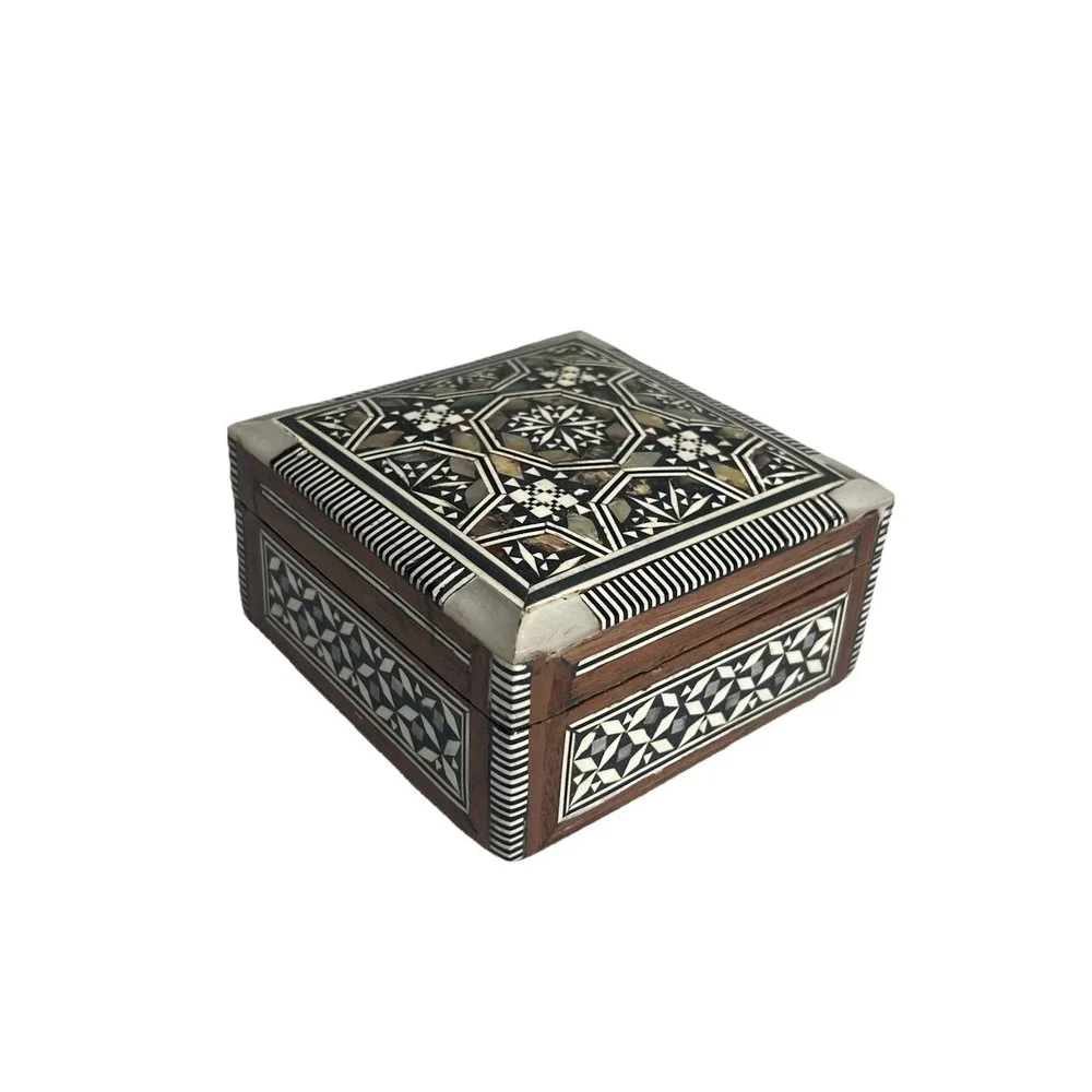 Vintage Inlaid Mother of Pearl Jewelry Trinket Wood Box‎ Square Egyptian